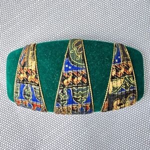VINTAGE GREEN‎ COLORFUL GOLD VELVET HAIR BARRETTE UP DO HAIR ACCESSORY.